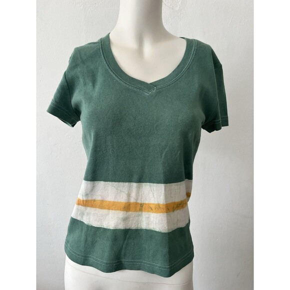 Ellemenno 90s Green Stripe Acid Wash V neck Cotton Top Tee made in USA Large - Picture 1 of 6